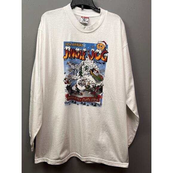 Vintage 2001 Jingle Bell Jog T-Shirt Mens Medium Atlanta White Runner Santa - Picture 1 of 9